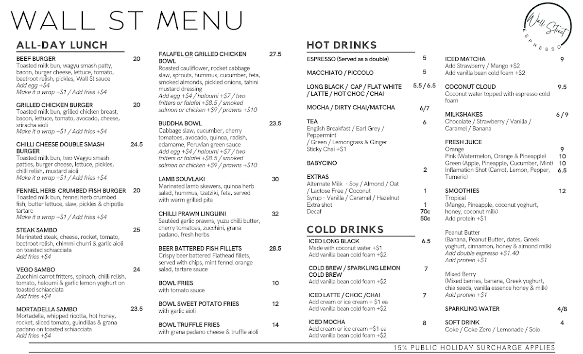 Menu, Wall Street Espresso