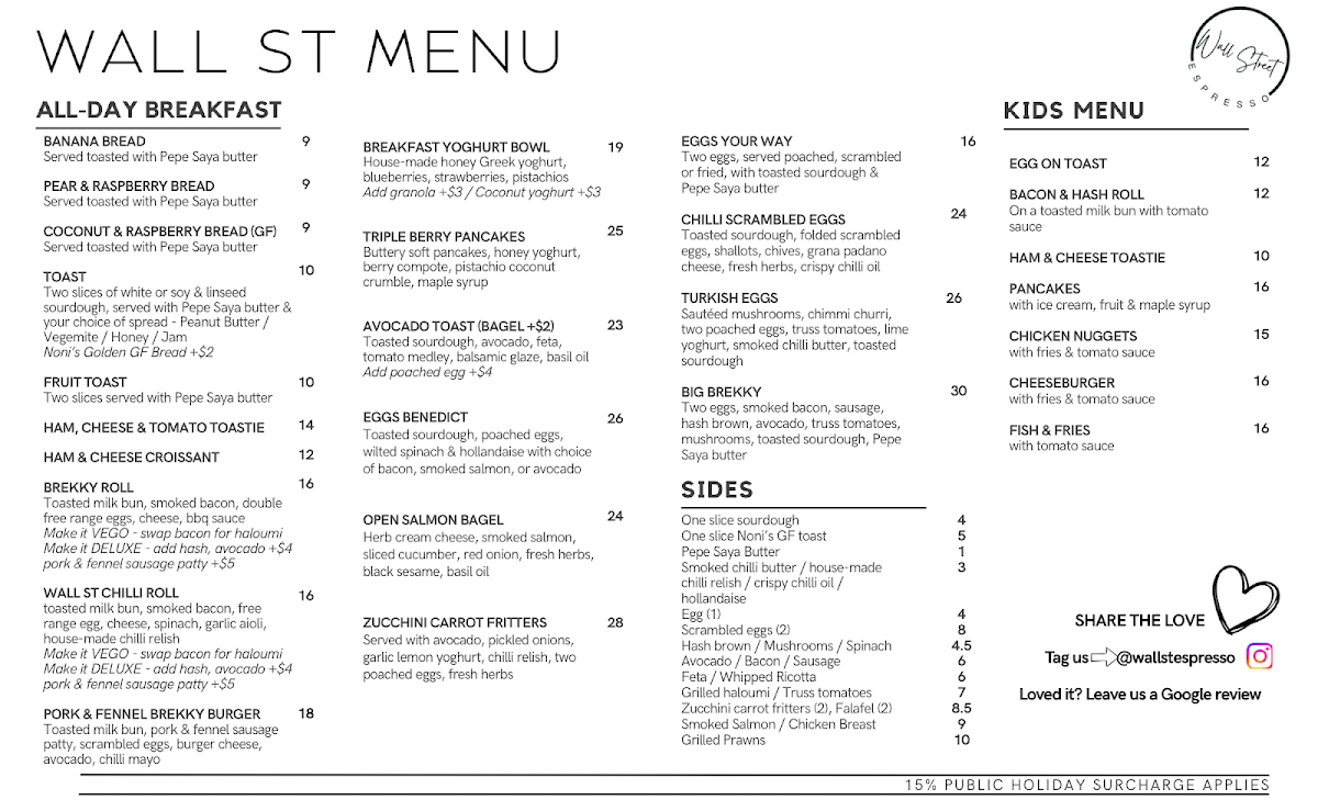 Menu, Wall Street Espresso