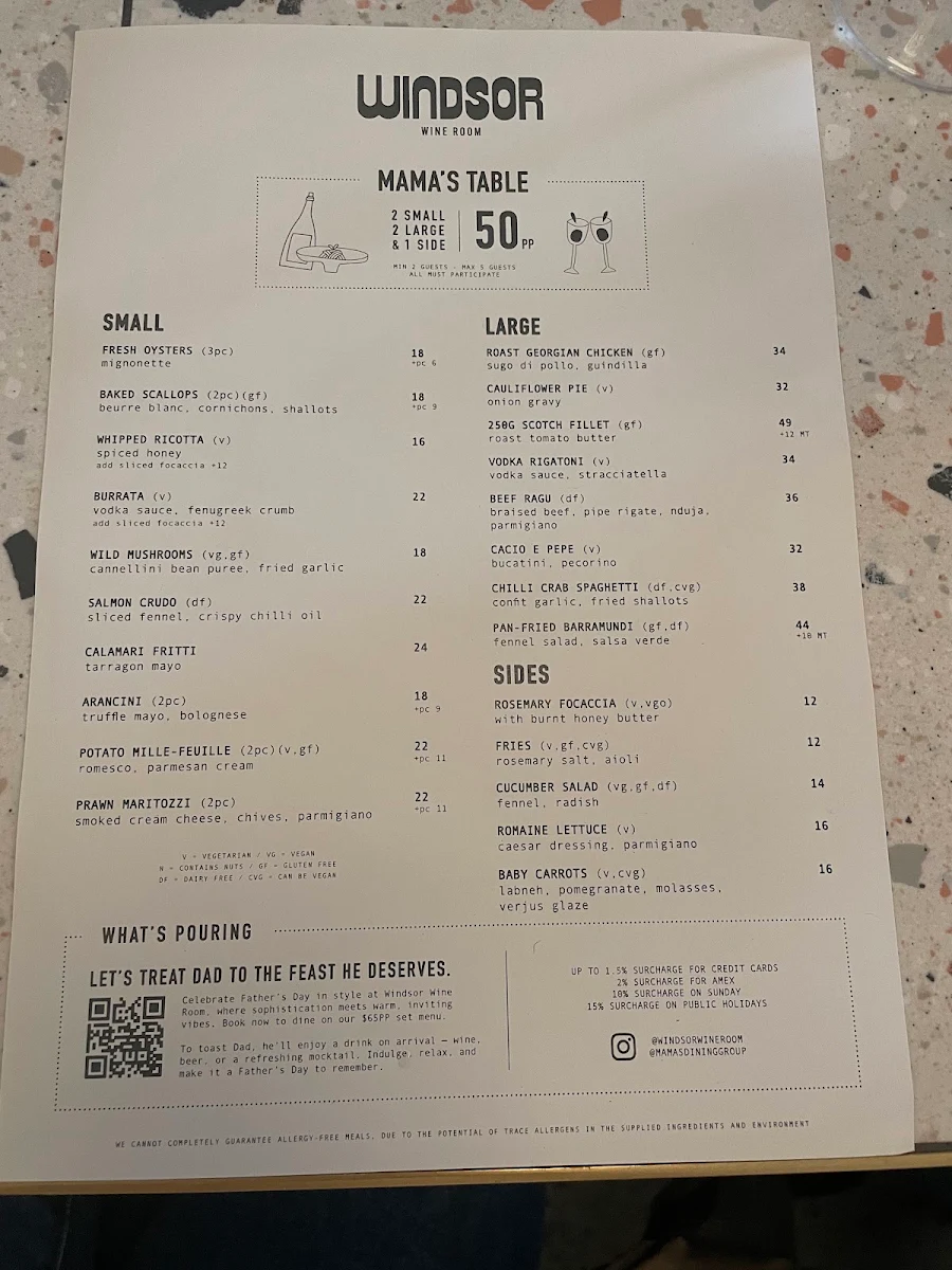 Menu, Windsor Wine Room