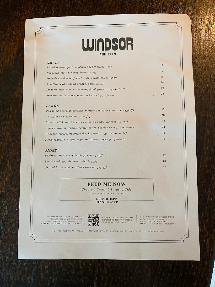 Menu, Windsor Wine Room