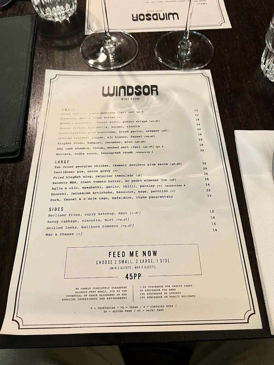 Menu, Windsor Wine Room