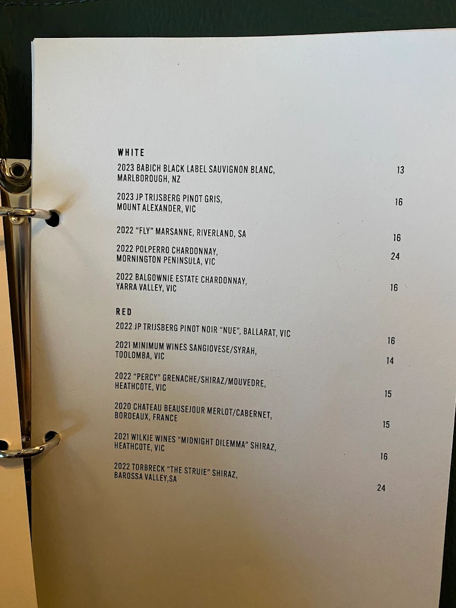 Menu, Windsor Wine Room