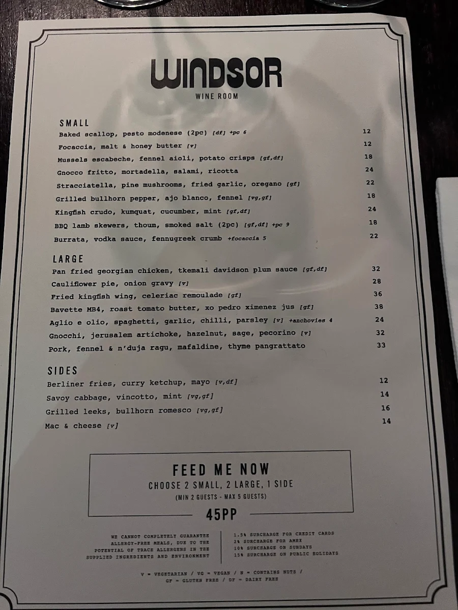 Menu, Windsor Wine Room