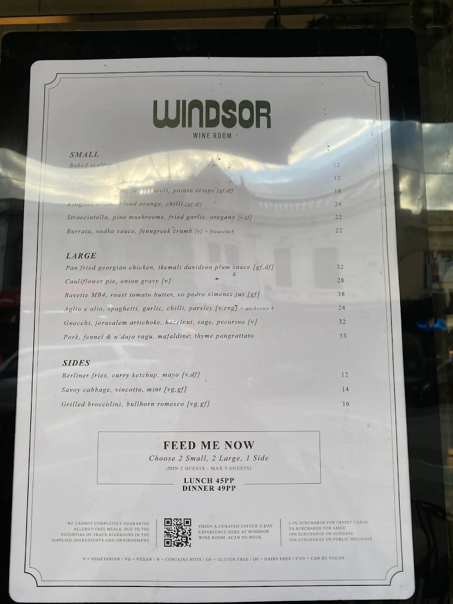Menu, Windsor Wine Room