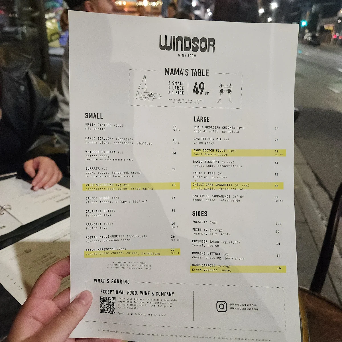 Menu, Windsor Wine Room