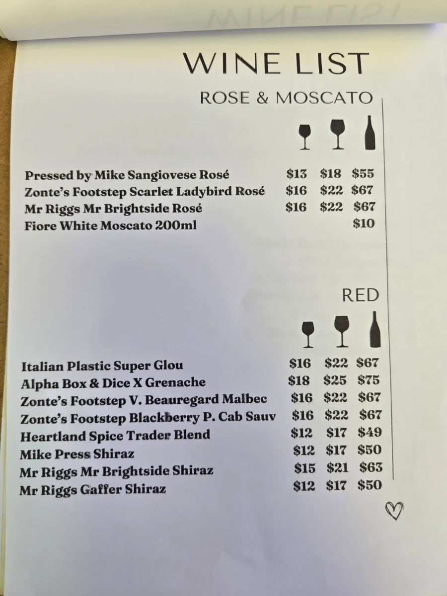Menu, Café Komodo