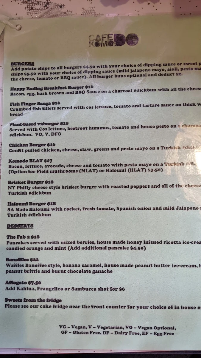 Menu, Café Komodo