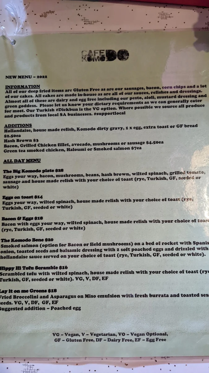 Menu, Café Komodo