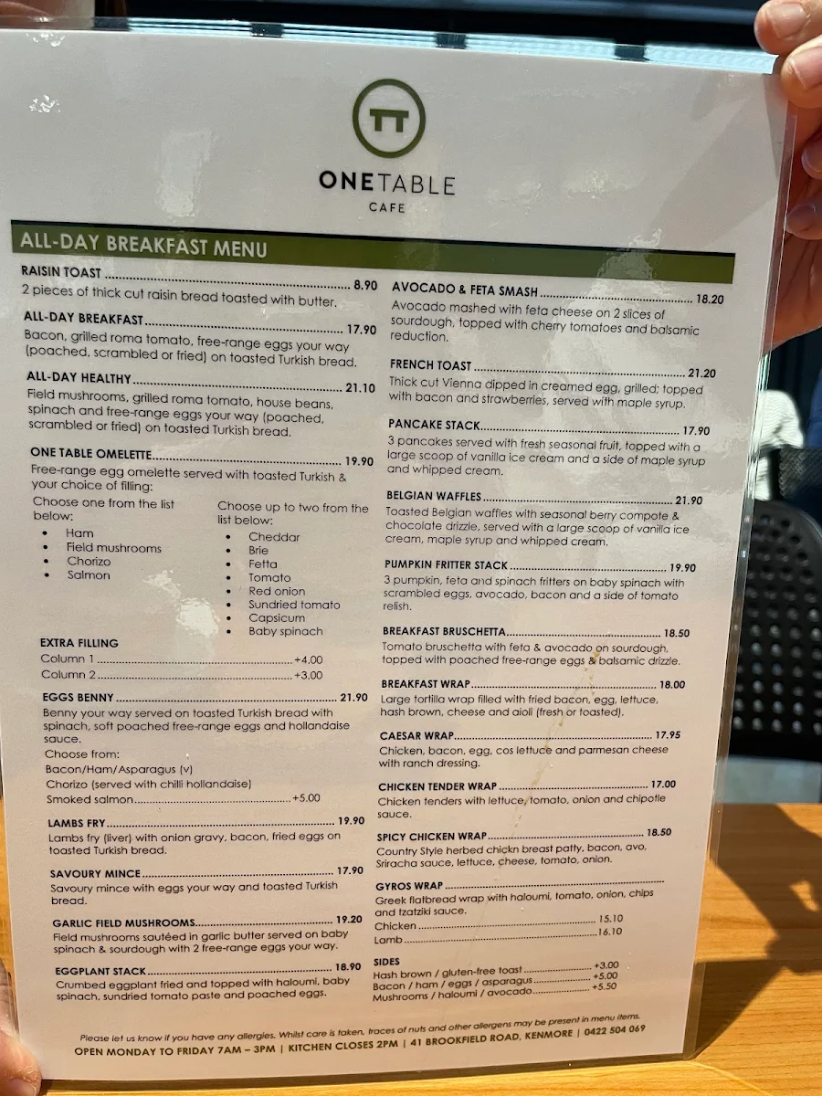 Menu, One Table Cafe - Kenmore