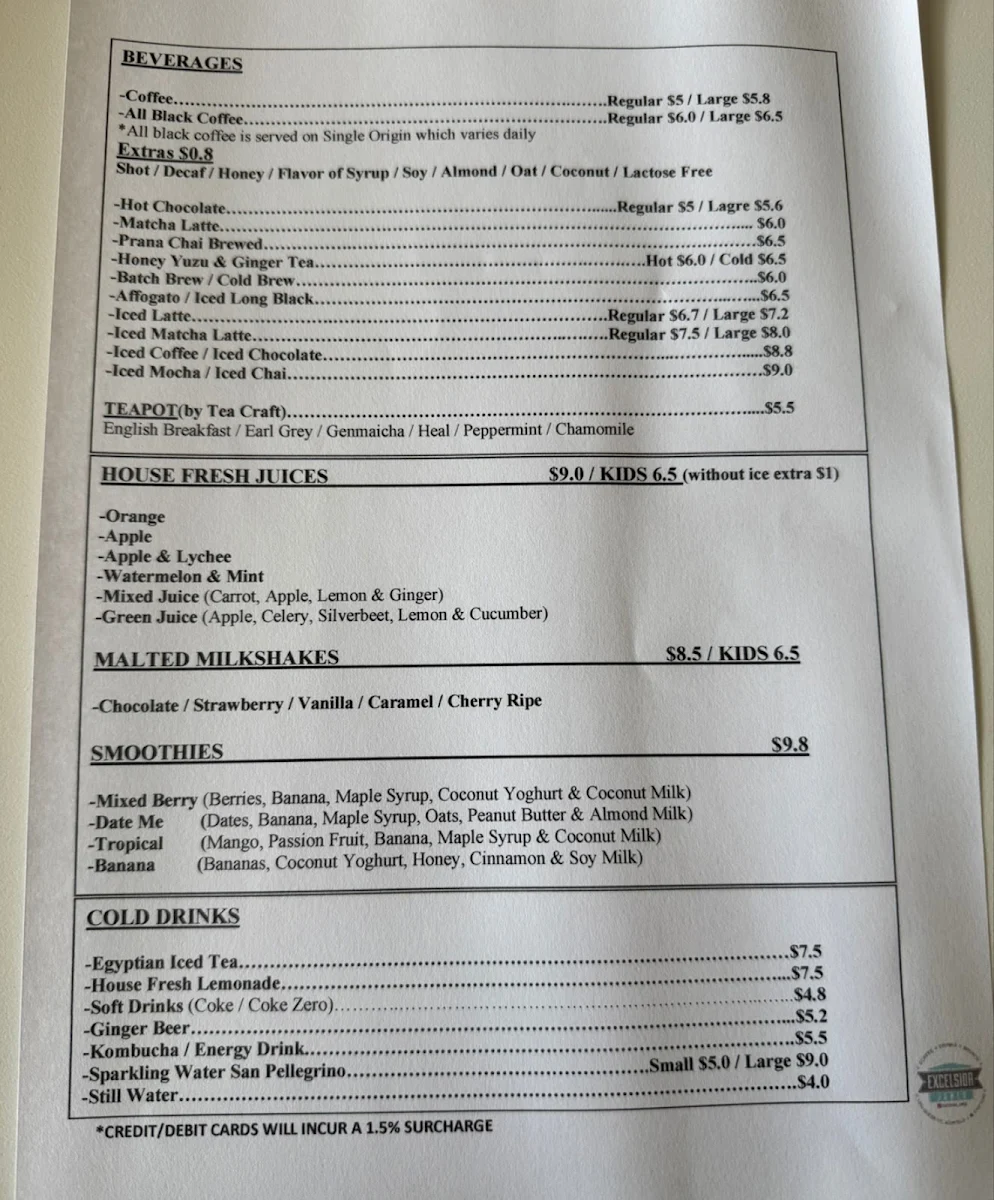 Menu, Excelsior Jones