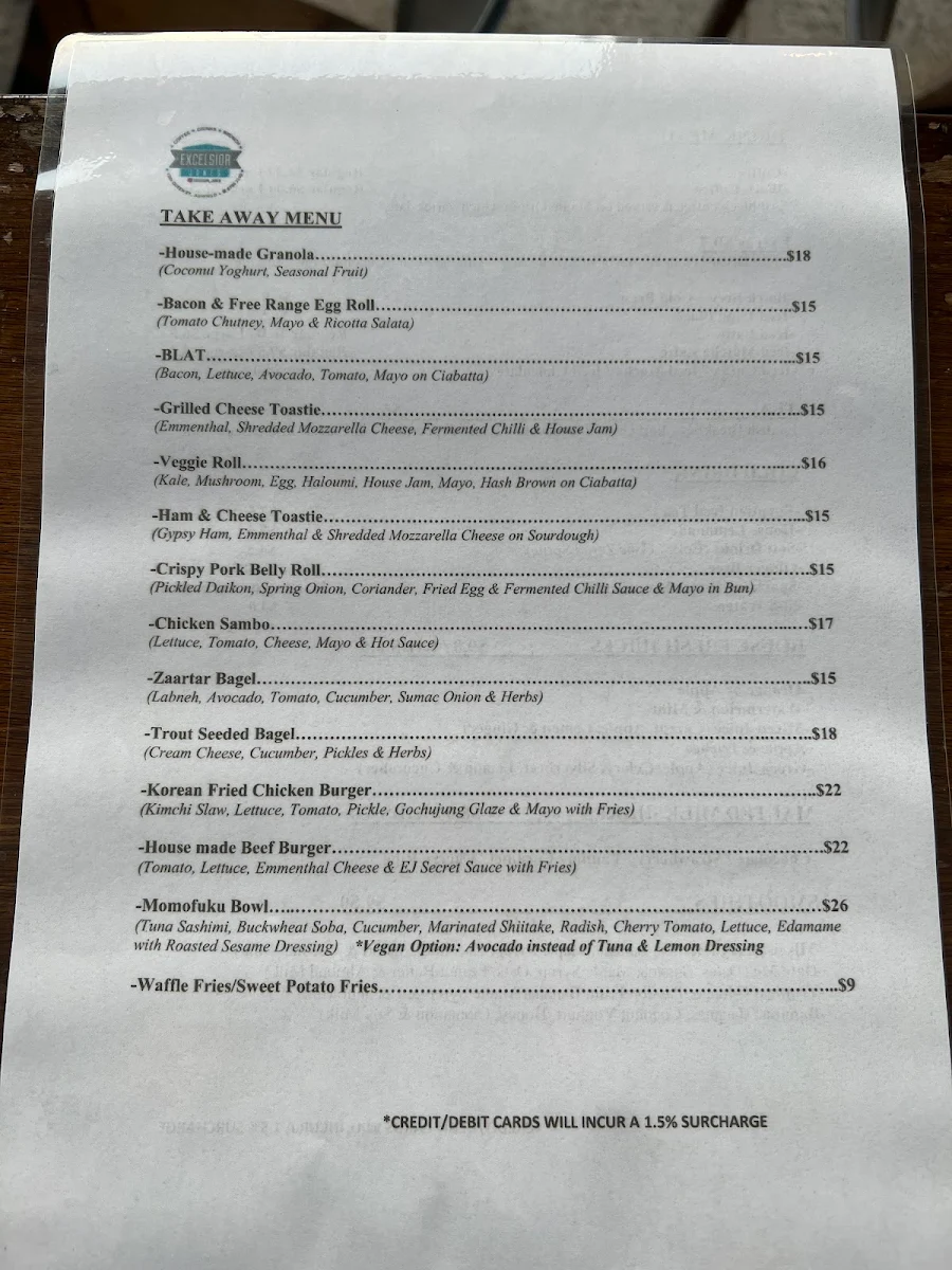 Menu, Excelsior Jones