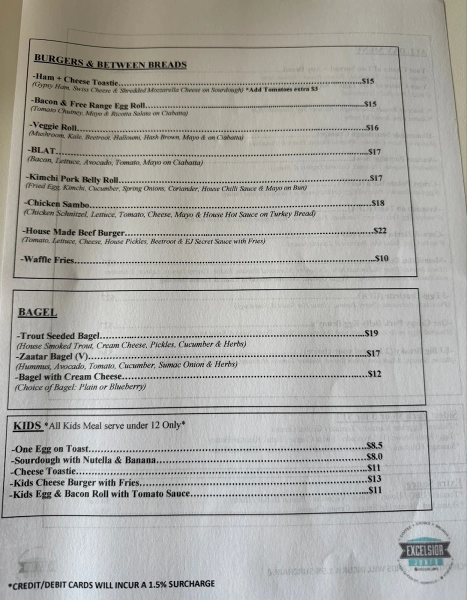 Menu, Excelsior Jones