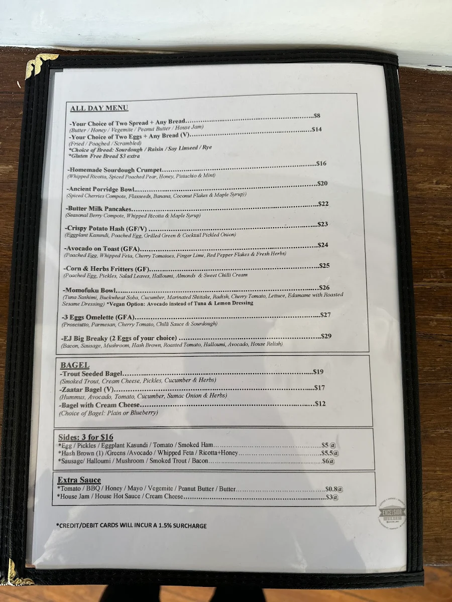 Menu, Excelsior Jones