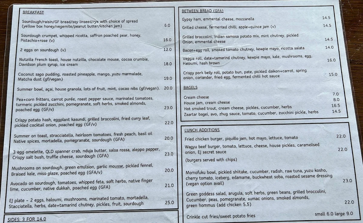 Menu, Excelsior Jones