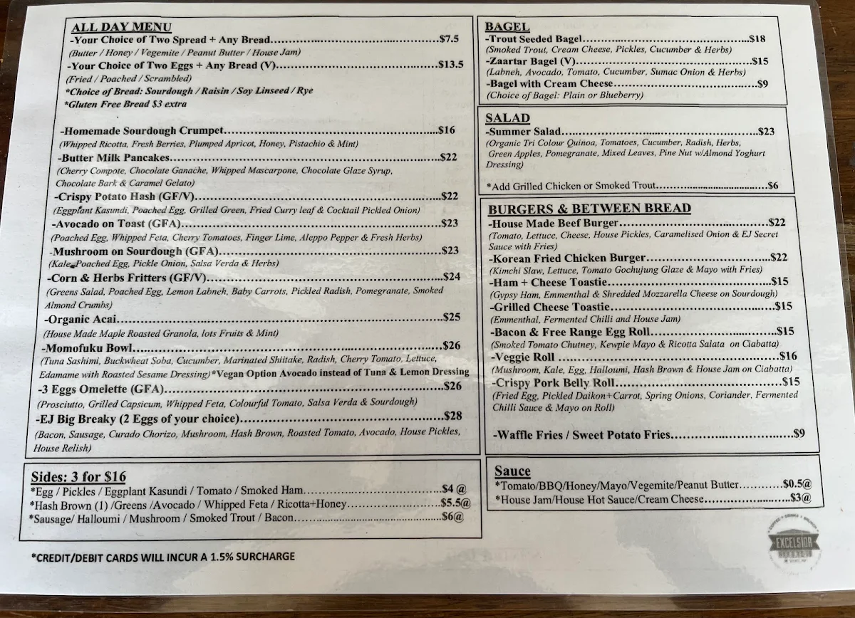 Menu, Excelsior Jones