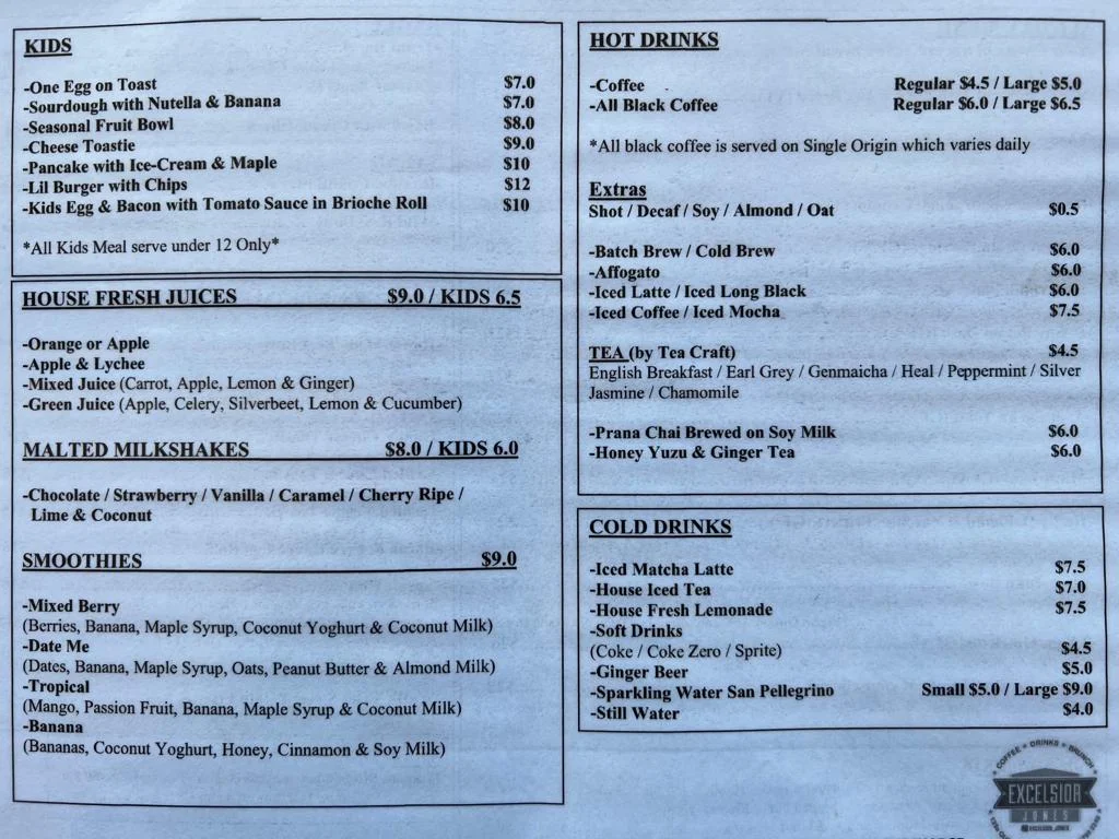 Menu, Excelsior Jones