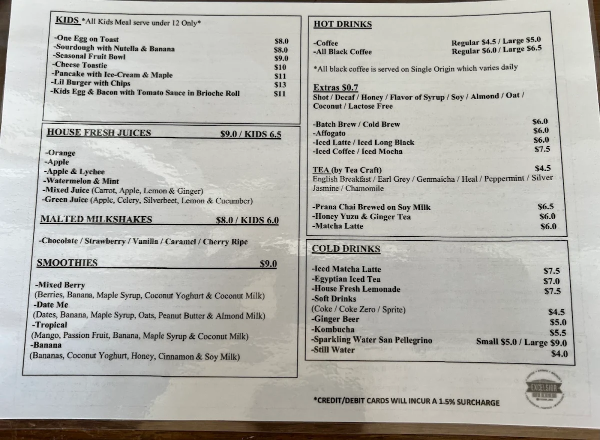Menu, Excelsior Jones