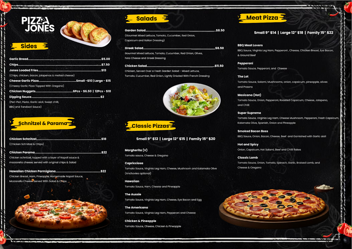 Menu, Pizza Jones