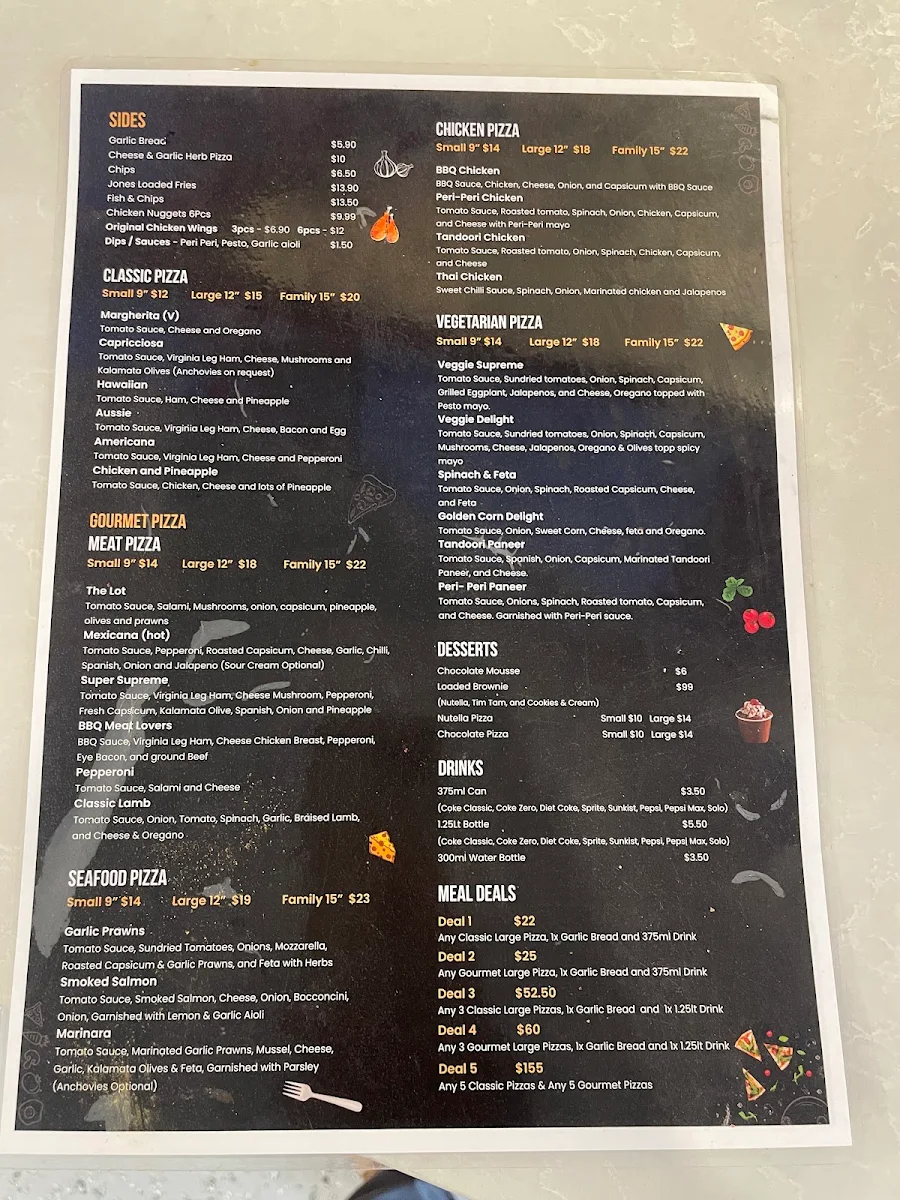 Menu, Pizza Jones