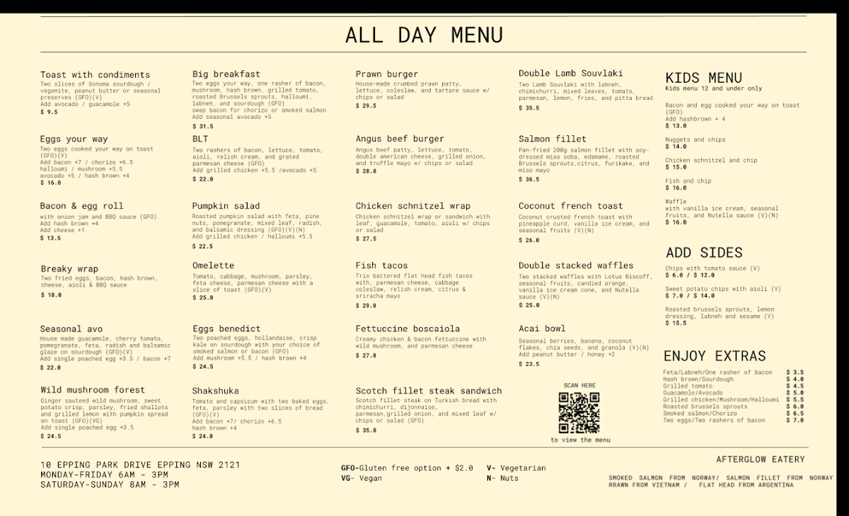 Menu, Afterglow Eatery | Epping Cafe