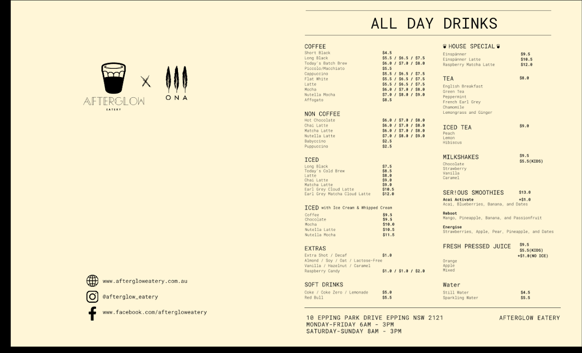 Menu, Afterglow Eatery | Epping Cafe