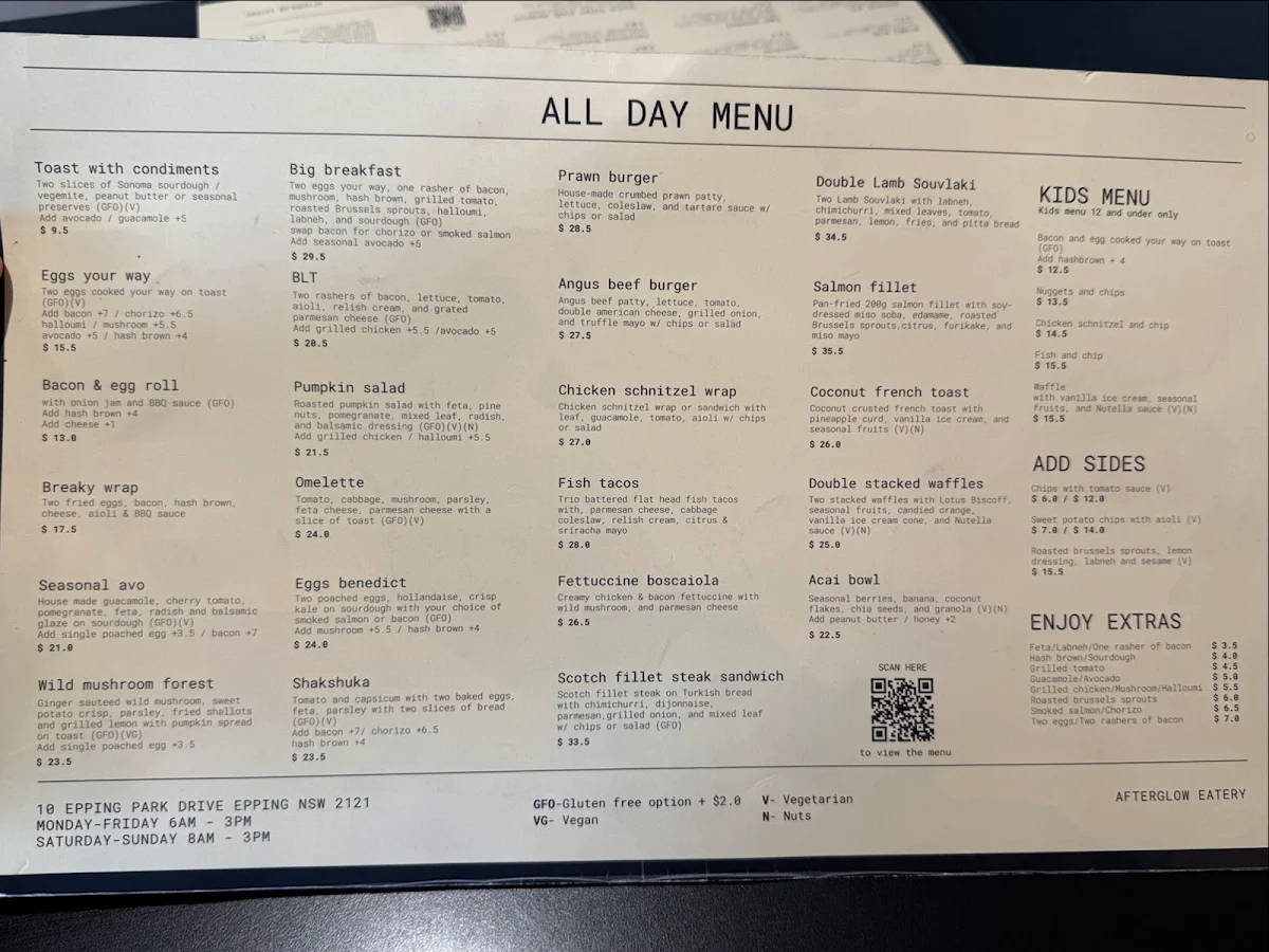 Menu, Afterglow Eatery | Epping Cafe