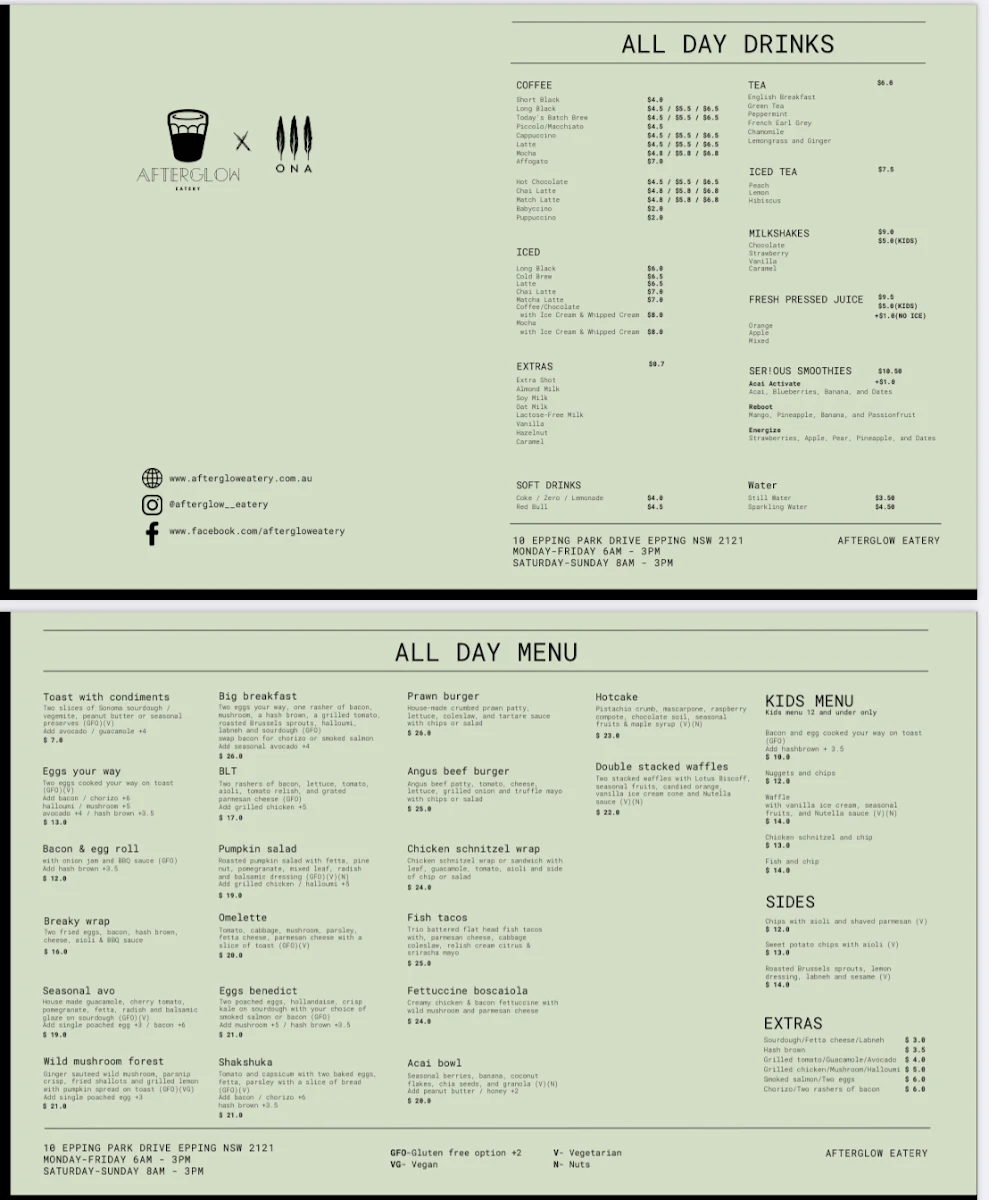 Menu, Afterglow Eatery | Epping Cafe