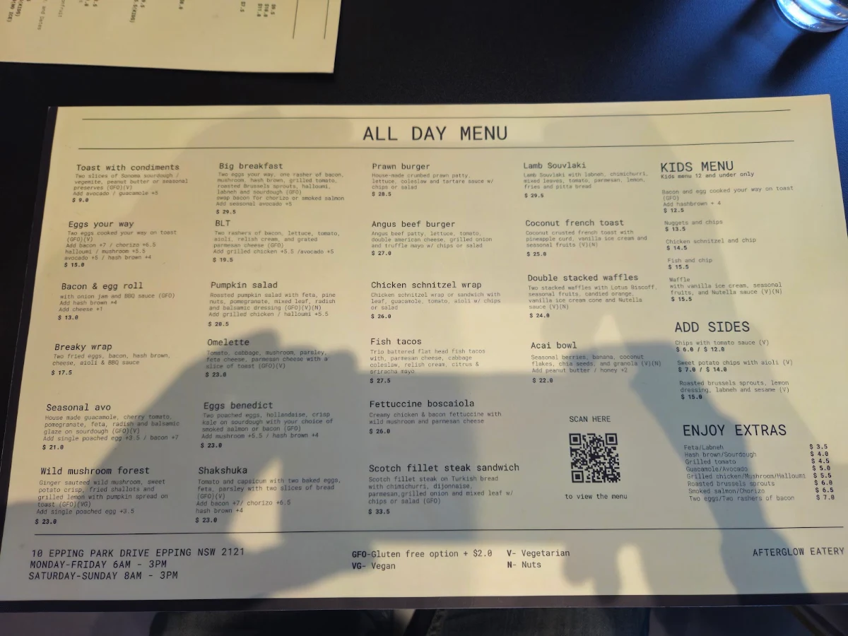 Menu, Afterglow Eatery | Epping Cafe