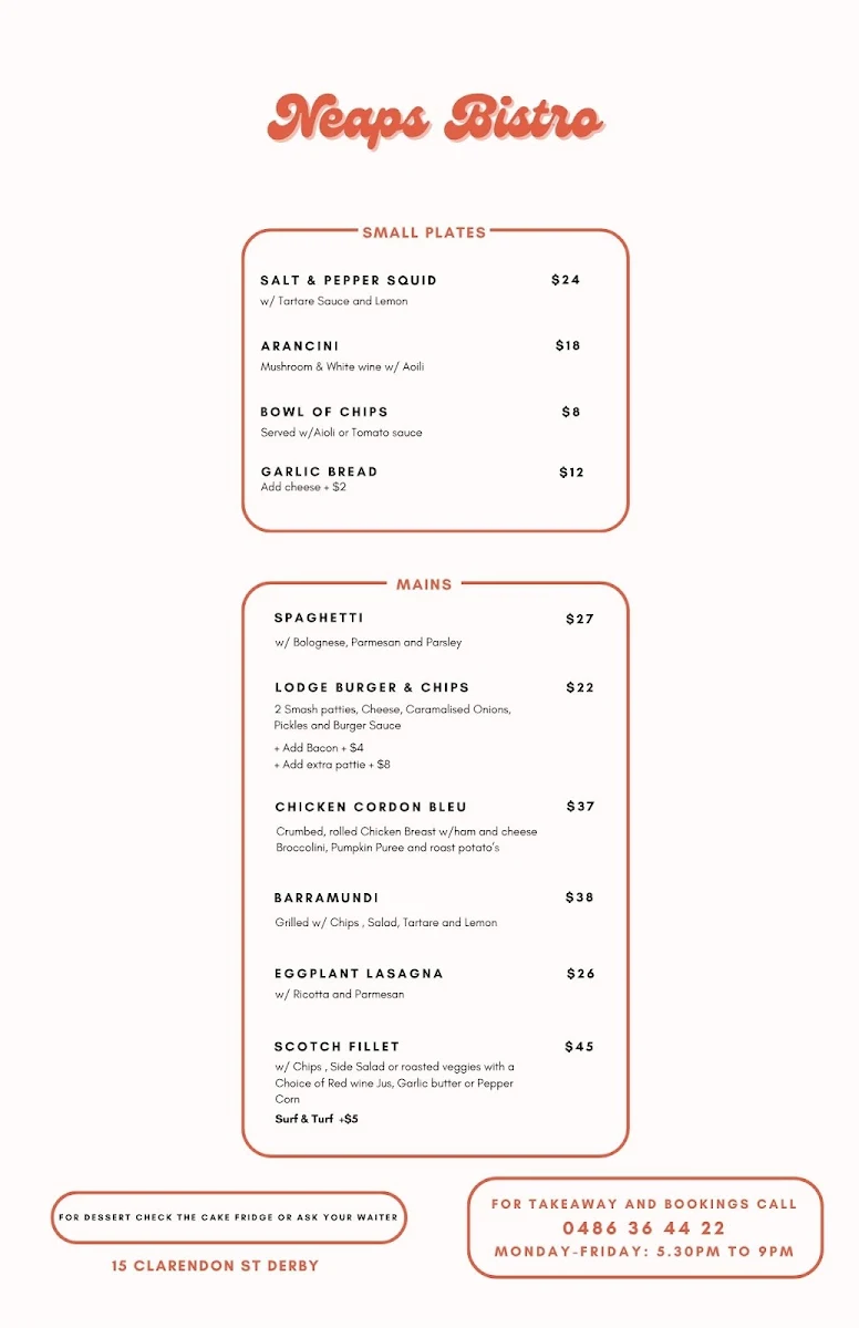 Menu, Neaps Bistro