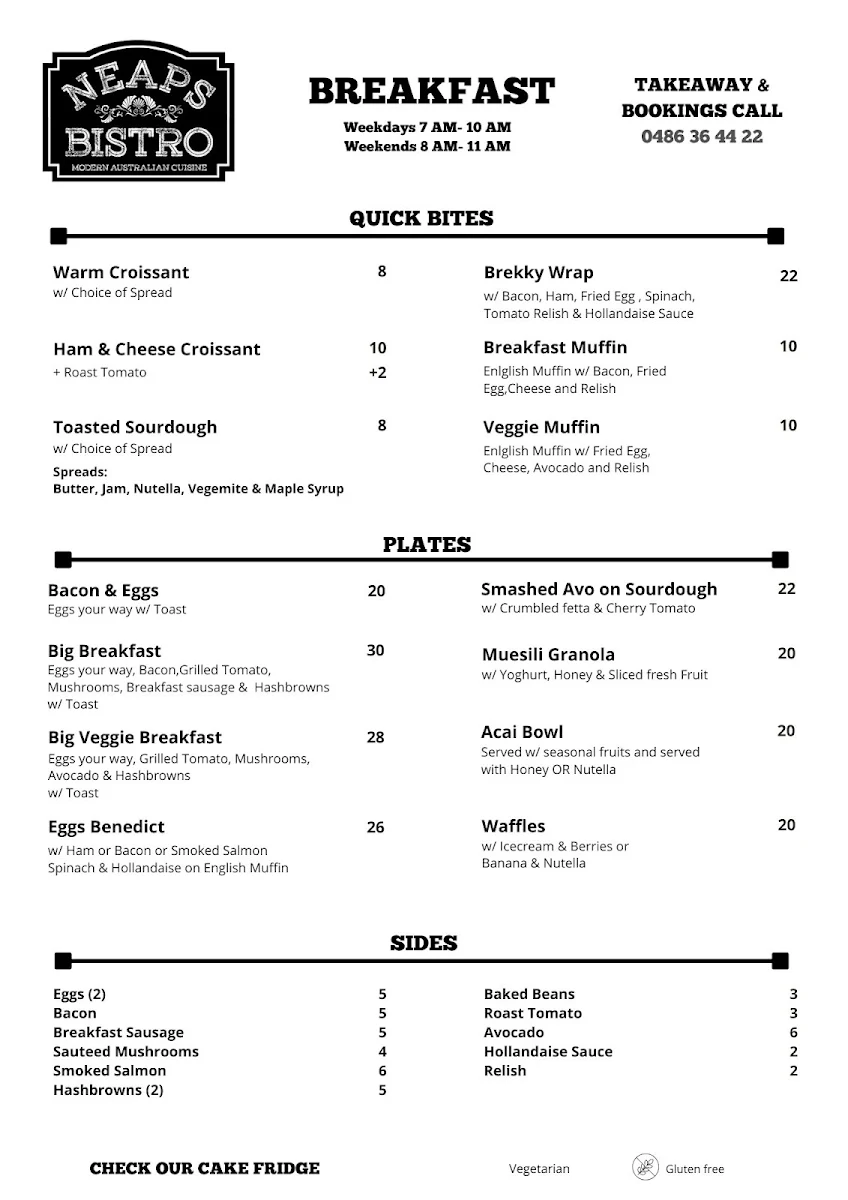 Menu, Neaps Bistro