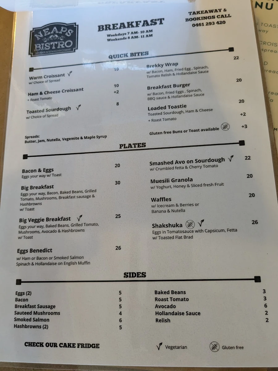 Menu, Neaps Bistro