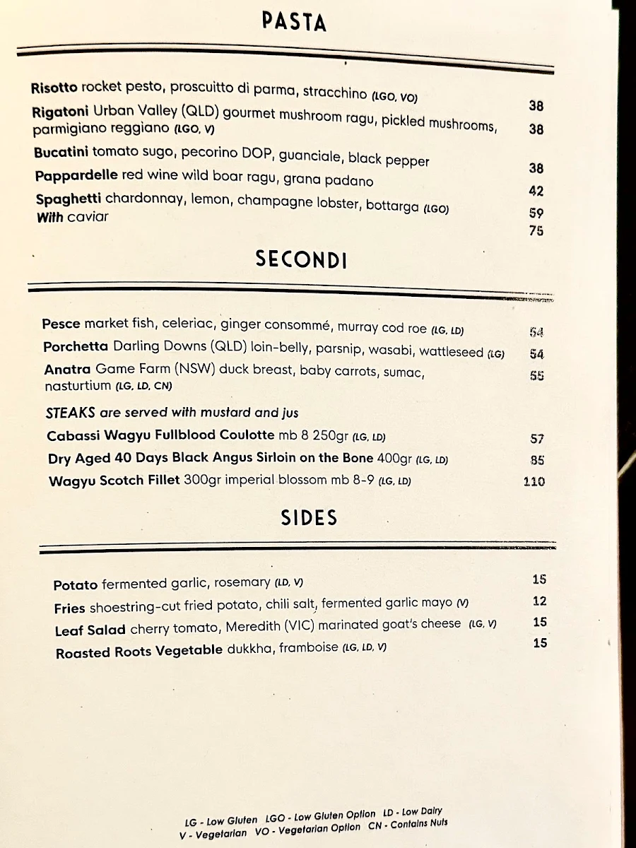 Menu, Como Restaurant