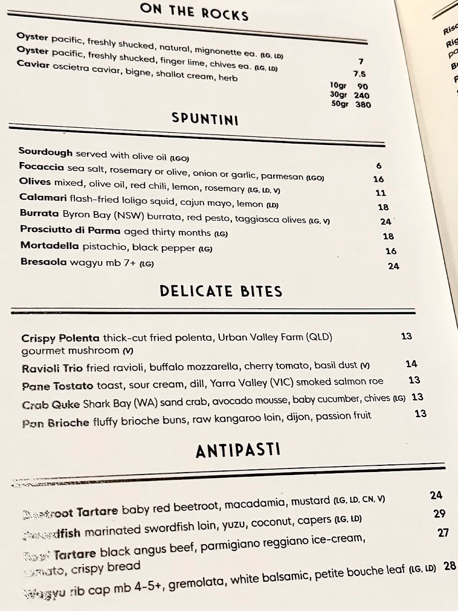 Menu, Como Restaurant