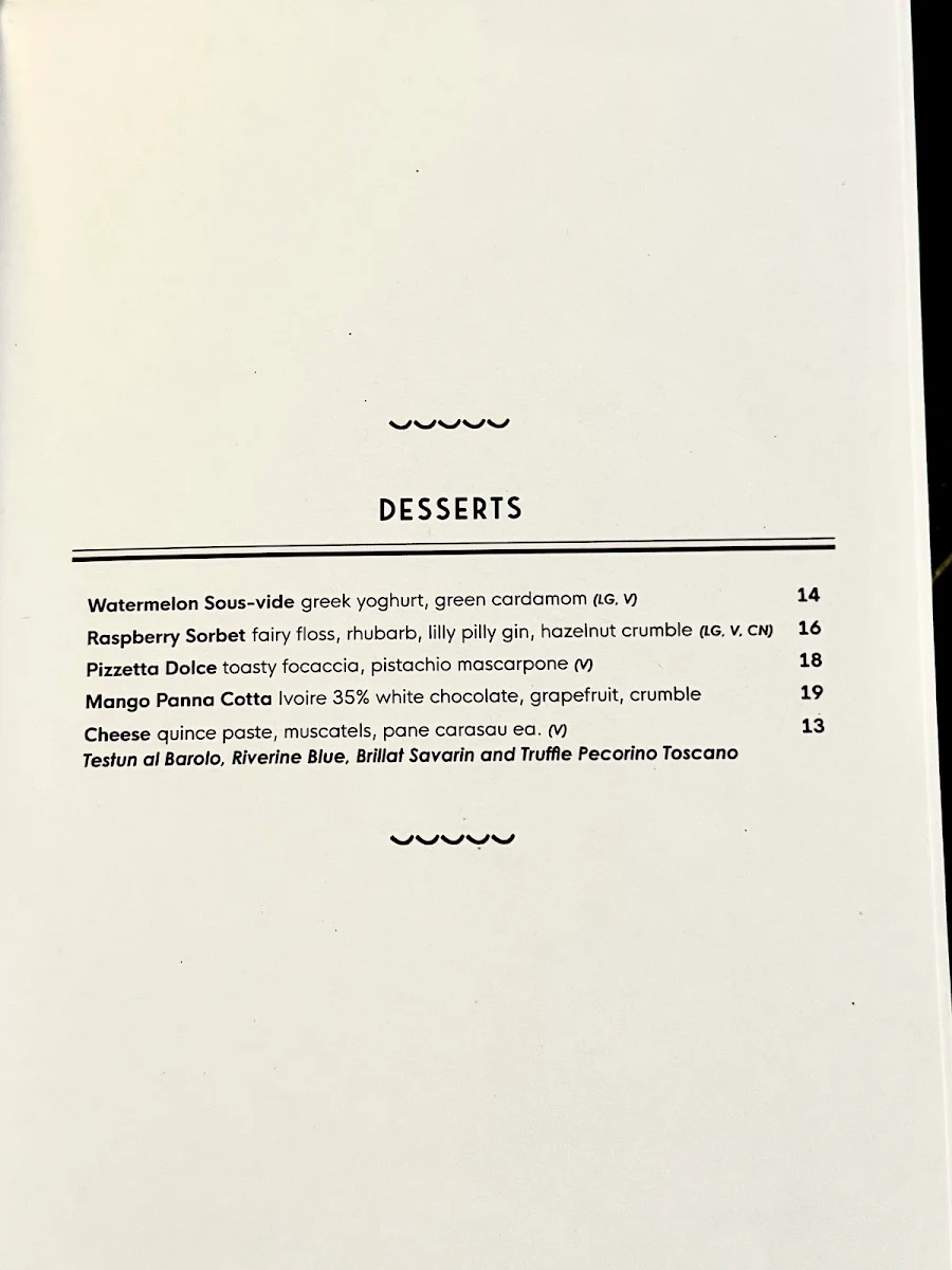 Menu, Como Restaurant