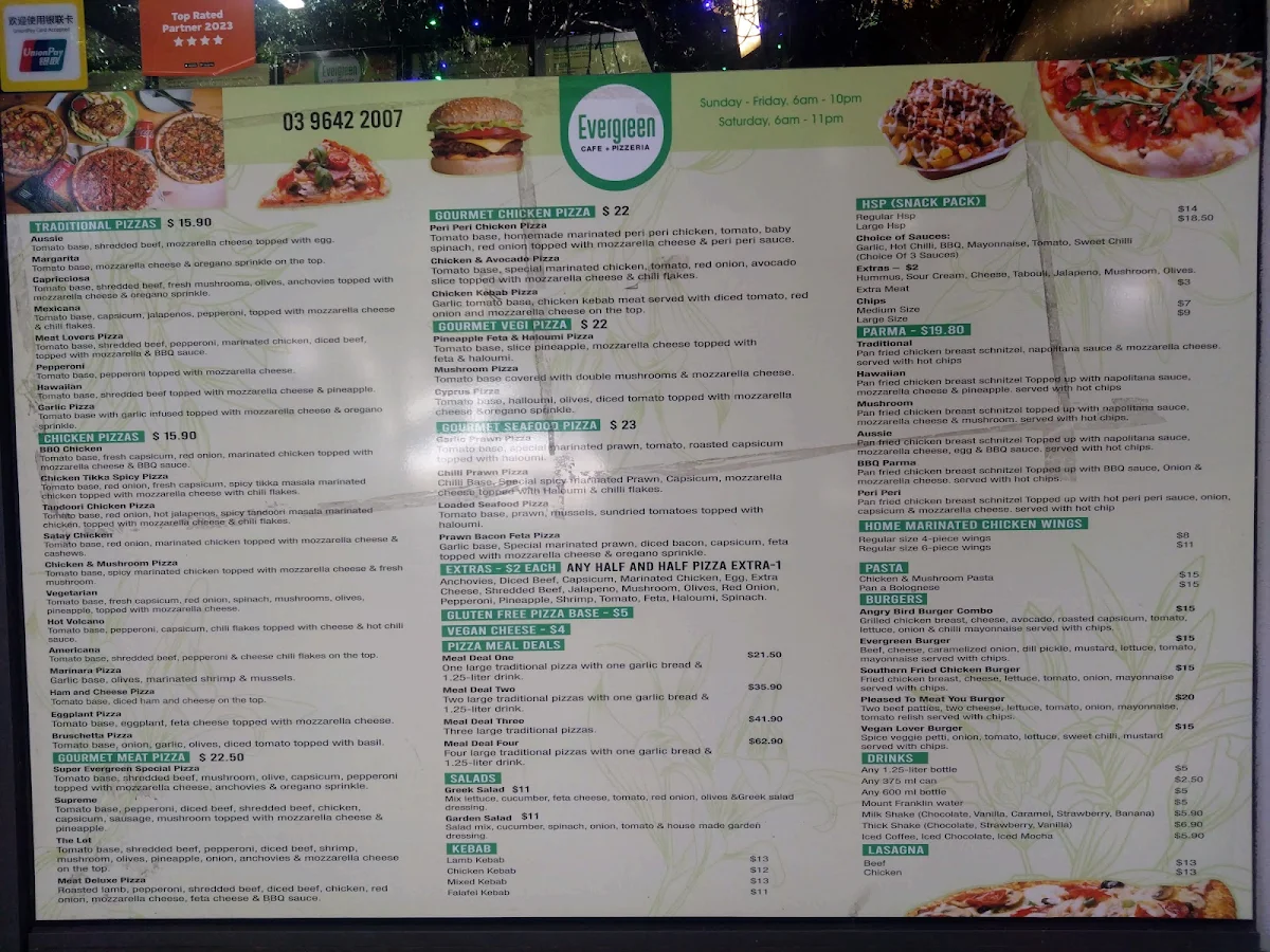 Menu, Evergreen Pizzeria