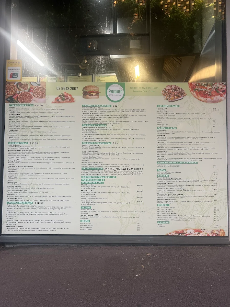 Menu, Evergreen Pizzeria