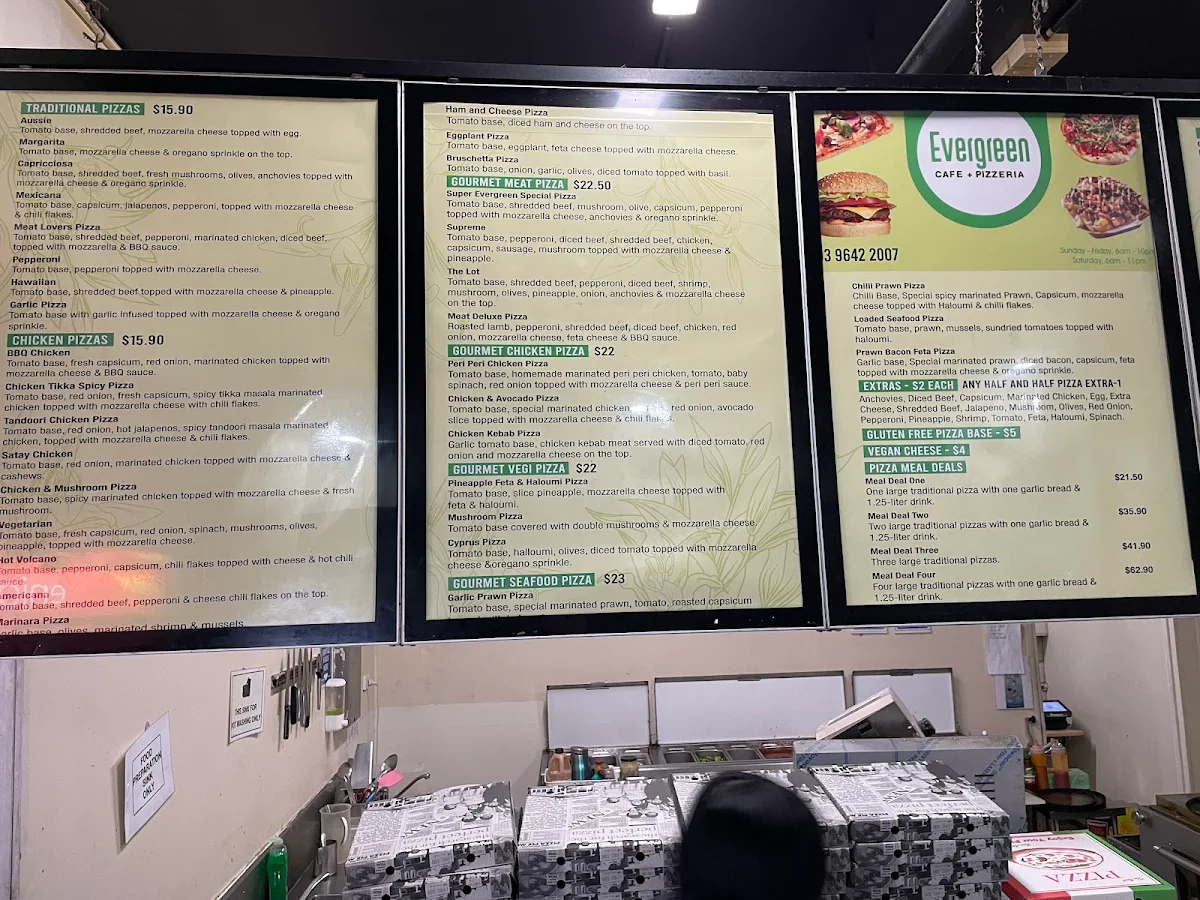 Menu, Evergreen Pizzeria