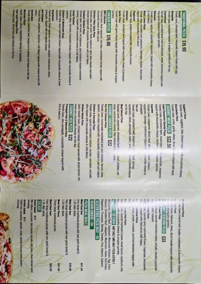 Menu, Evergreen Pizzeria