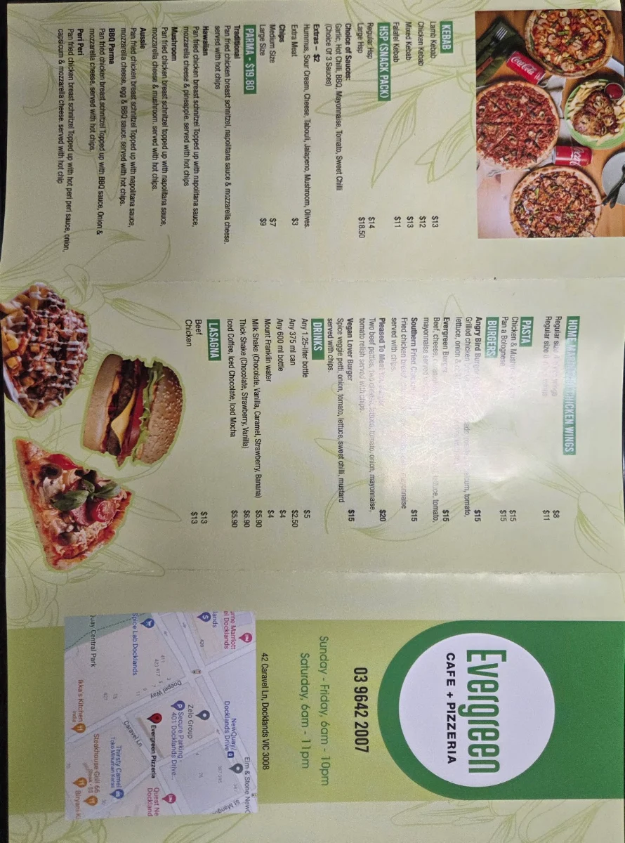 Menu, Evergreen Pizzeria