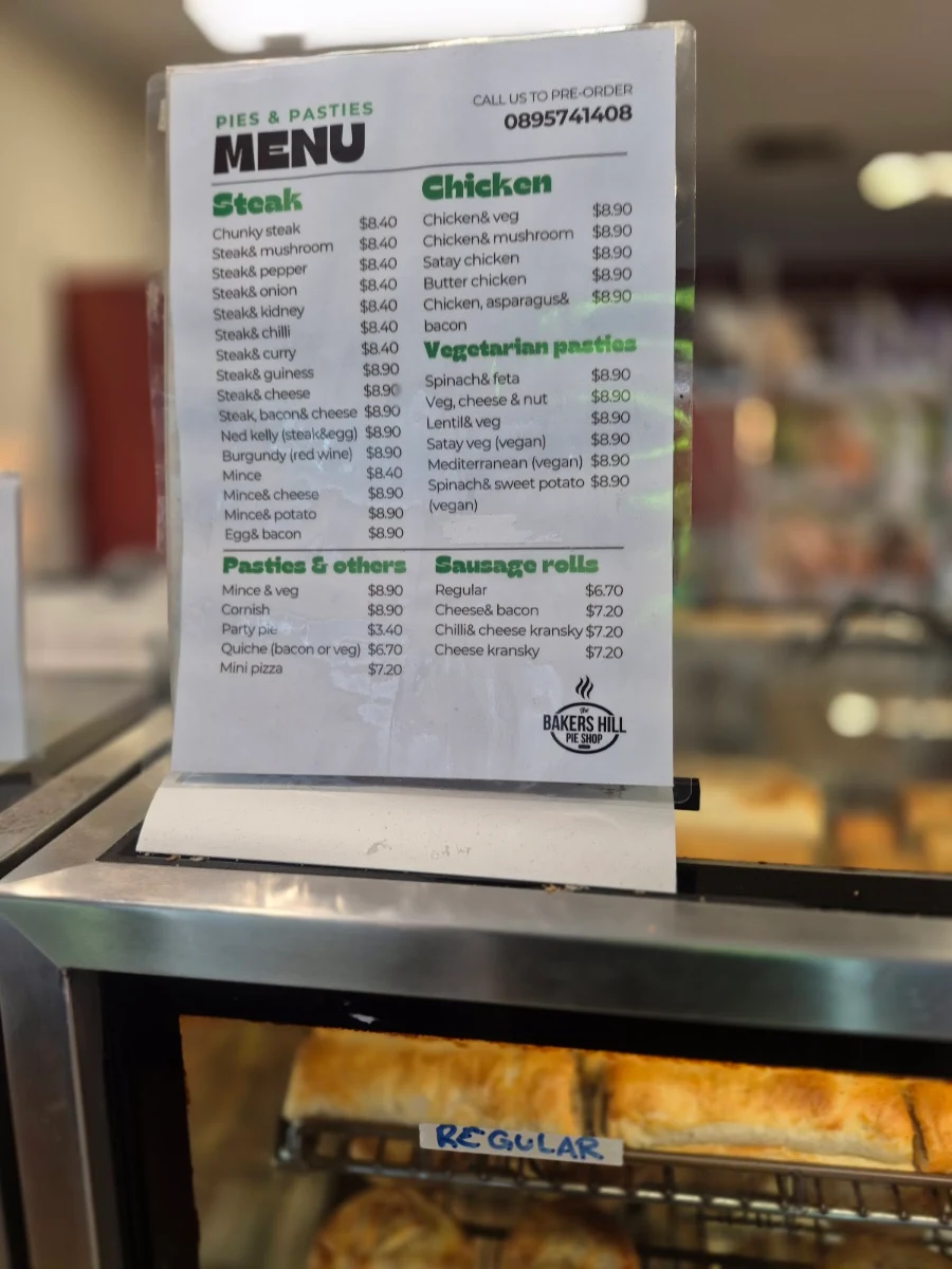 Menu, Bakers Hill Pie Shop