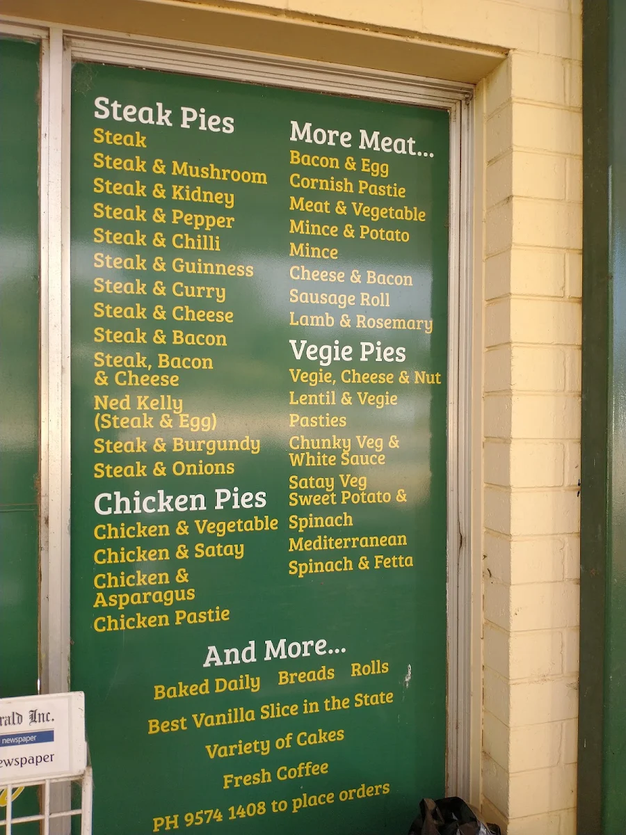 Menu, Bakers Hill Pie Shop