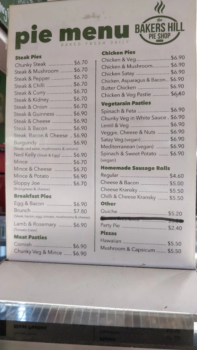 Menu, Bakers Hill Pie Shop