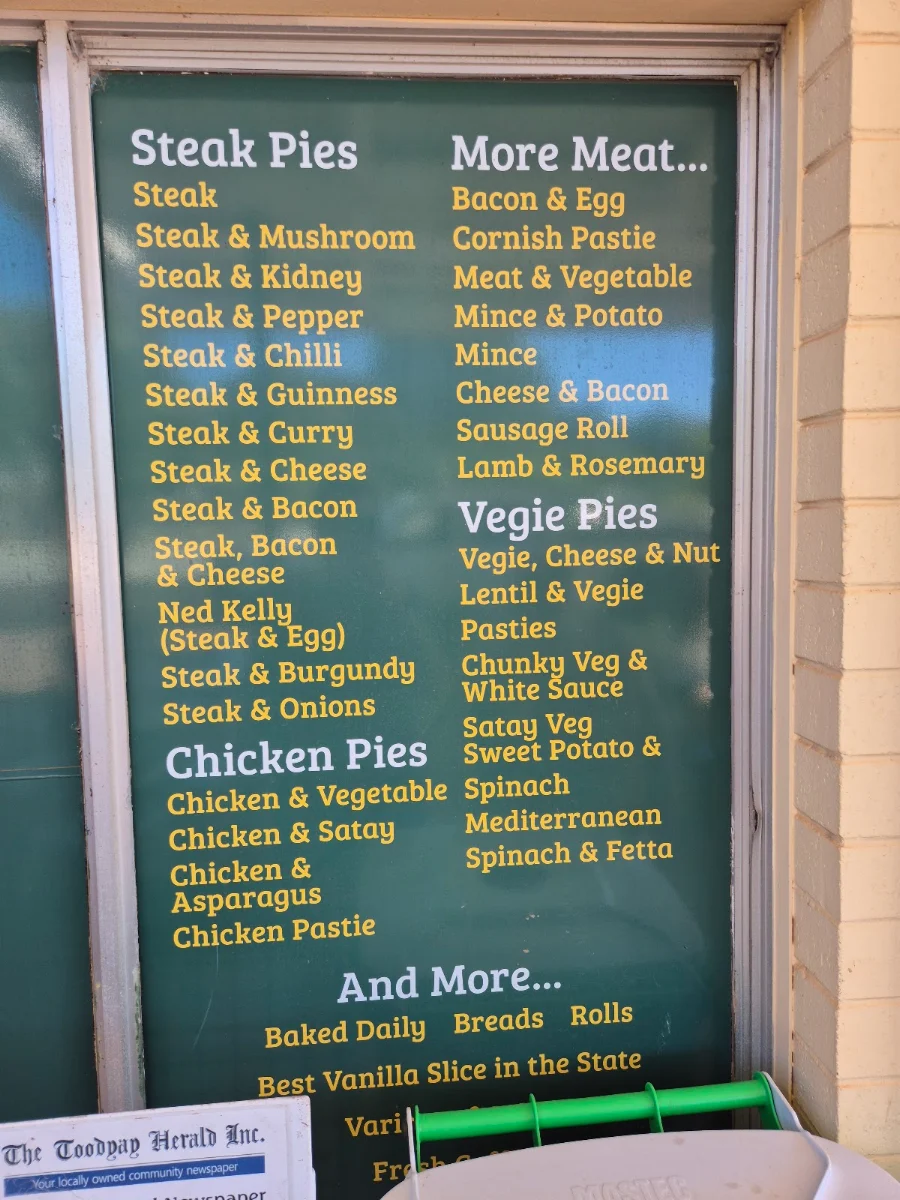 Menu, Bakers Hill Pie Shop