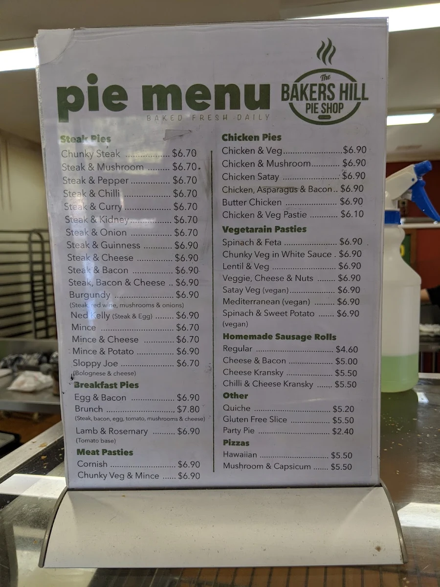 Menu, Bakers Hill Pie Shop