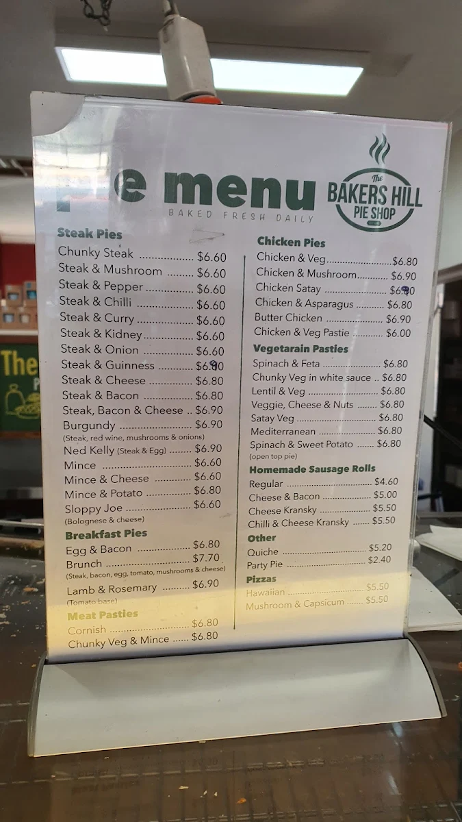 Menu, Bakers Hill Pie Shop