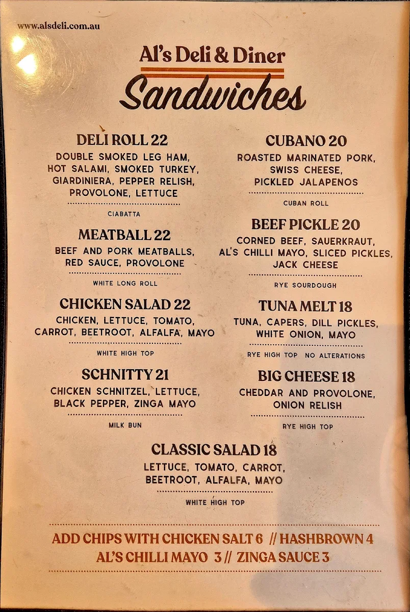 Menu, Al's Deli and Diner