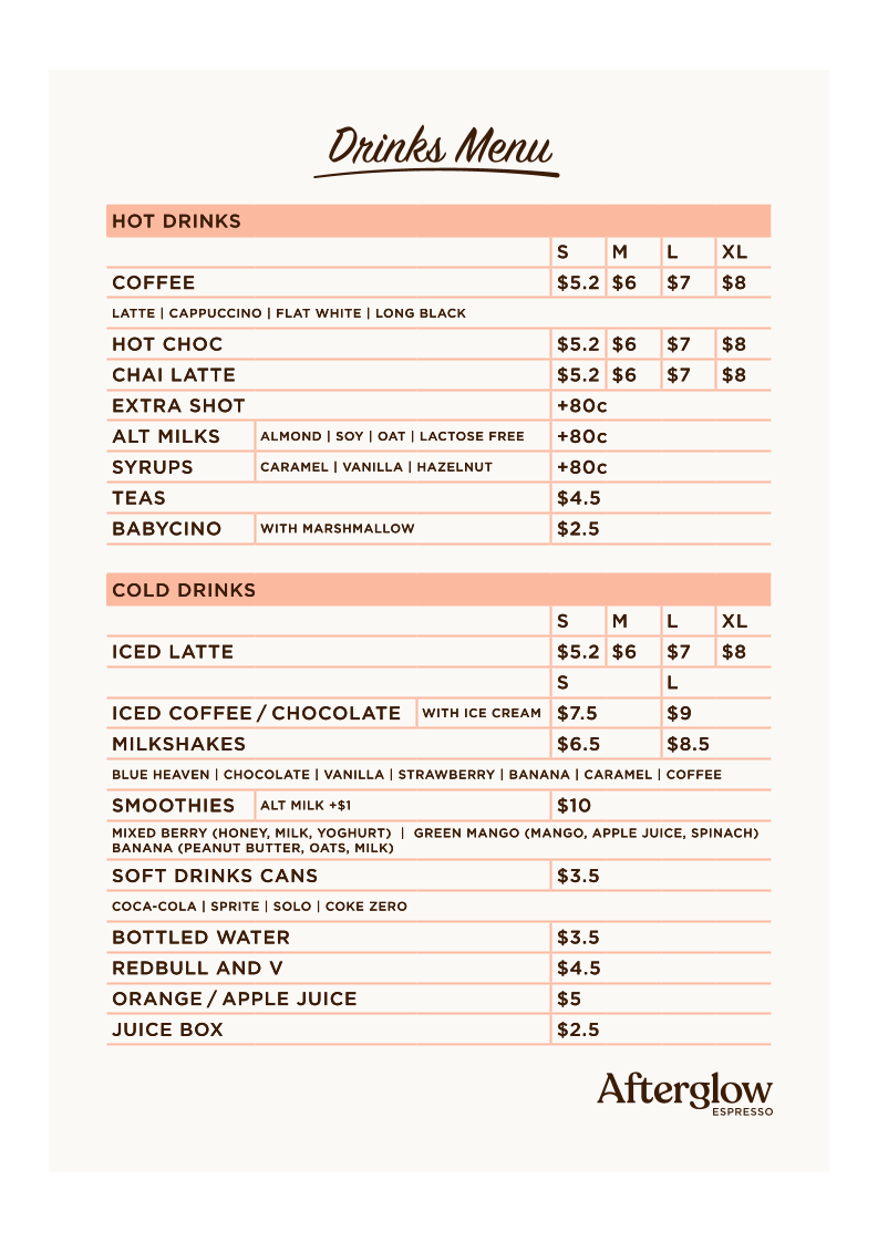 Menu, Afterglow Espresso