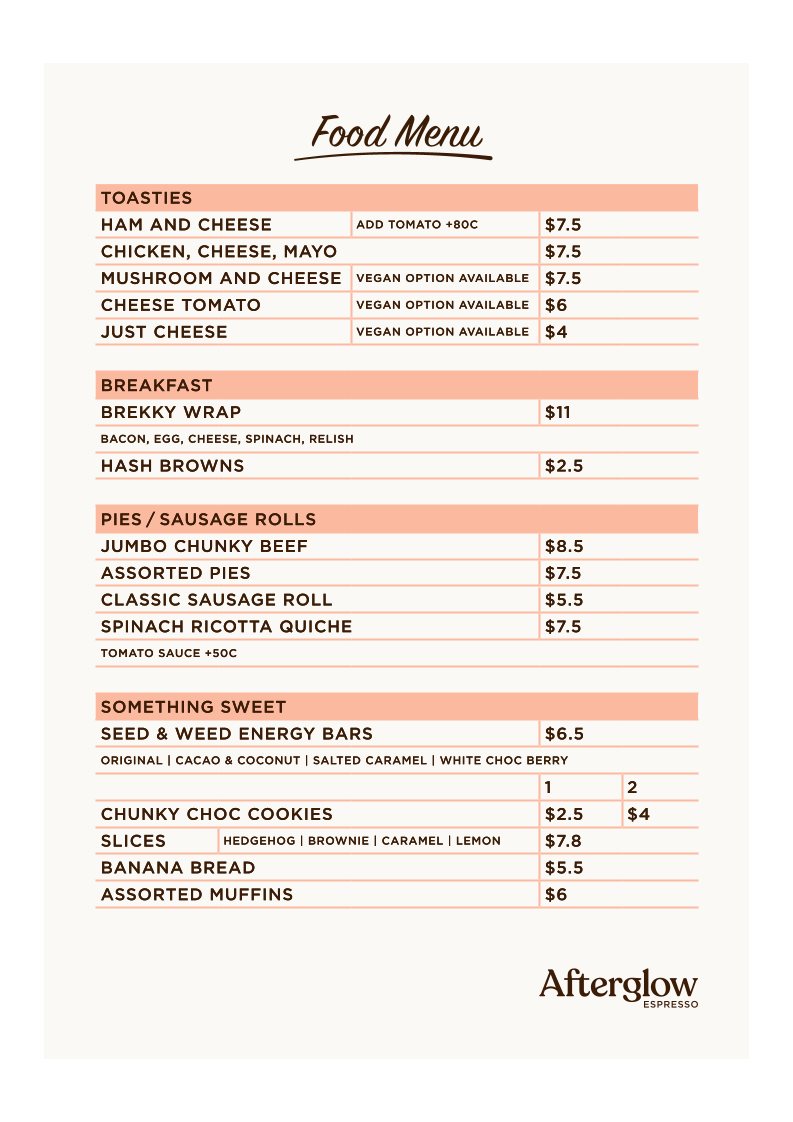 Menu, Afterglow Espresso