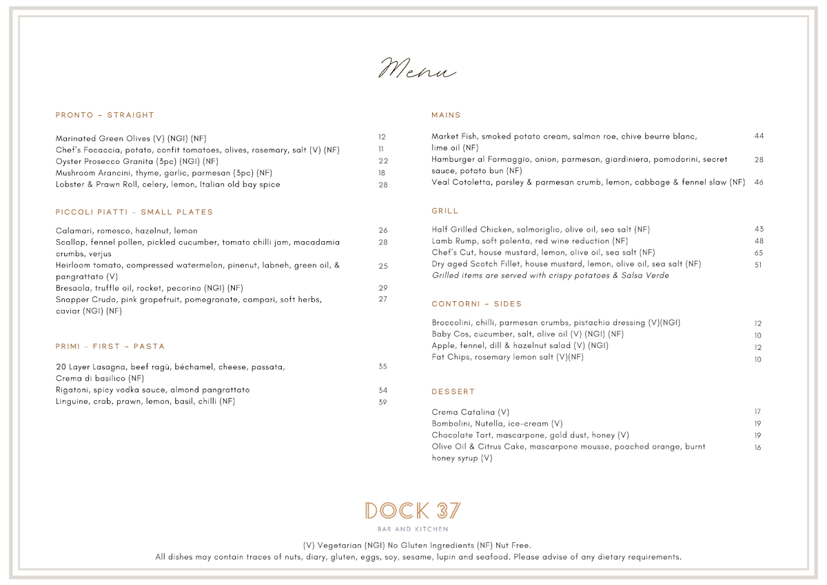 Menu, Dock 37 Bar and Kitchen