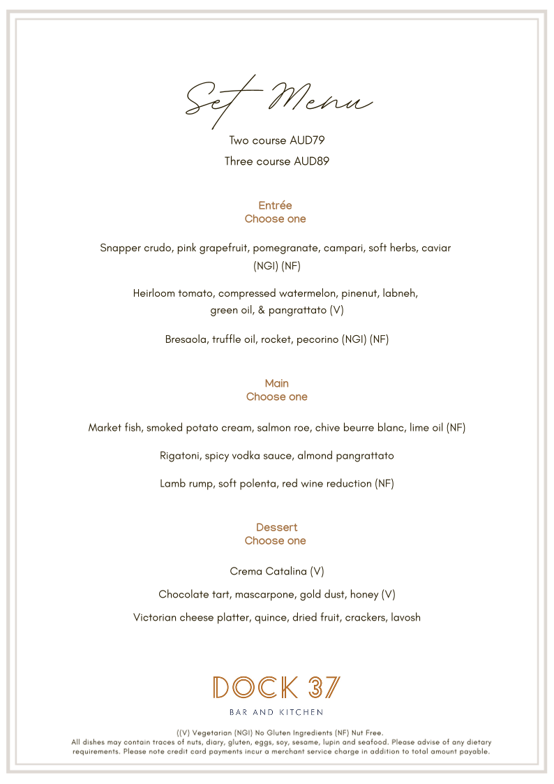 Menu, Dock 37 Bar and Kitchen